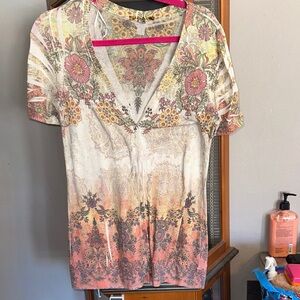 Boho Floral V-Neck Short Sleeve Top - Multicolor